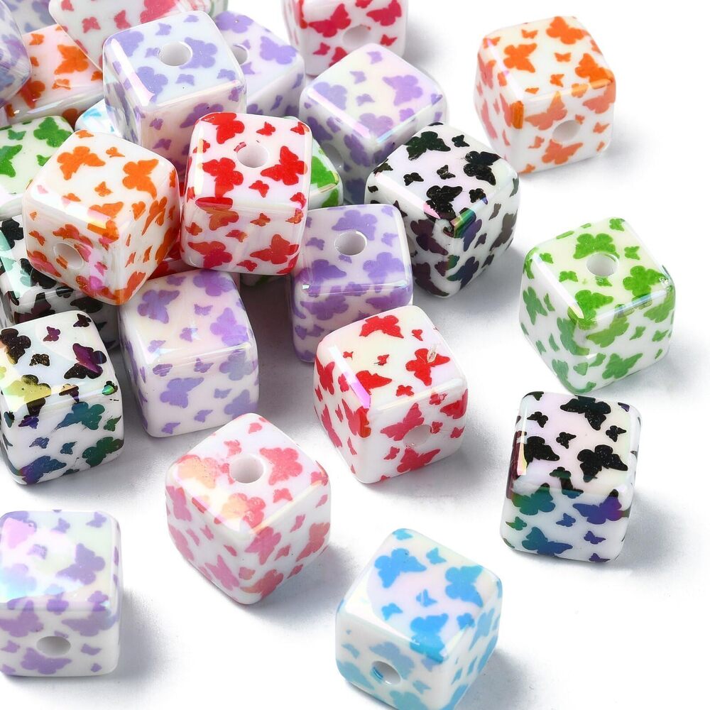 3747 30 pcs Mixed Colors 14.5MM Cube with Butterfly Pattern Acrylic Beads